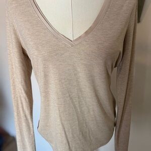 White House Black Market Taupe V-Neck Long Sleeve Top